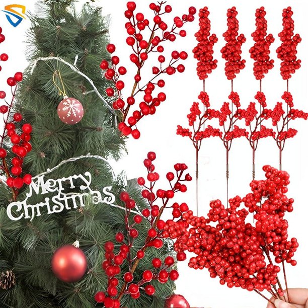 Púas Florales De Navidad, 30 Tallos De Pino Y Bayas De Acebo Para