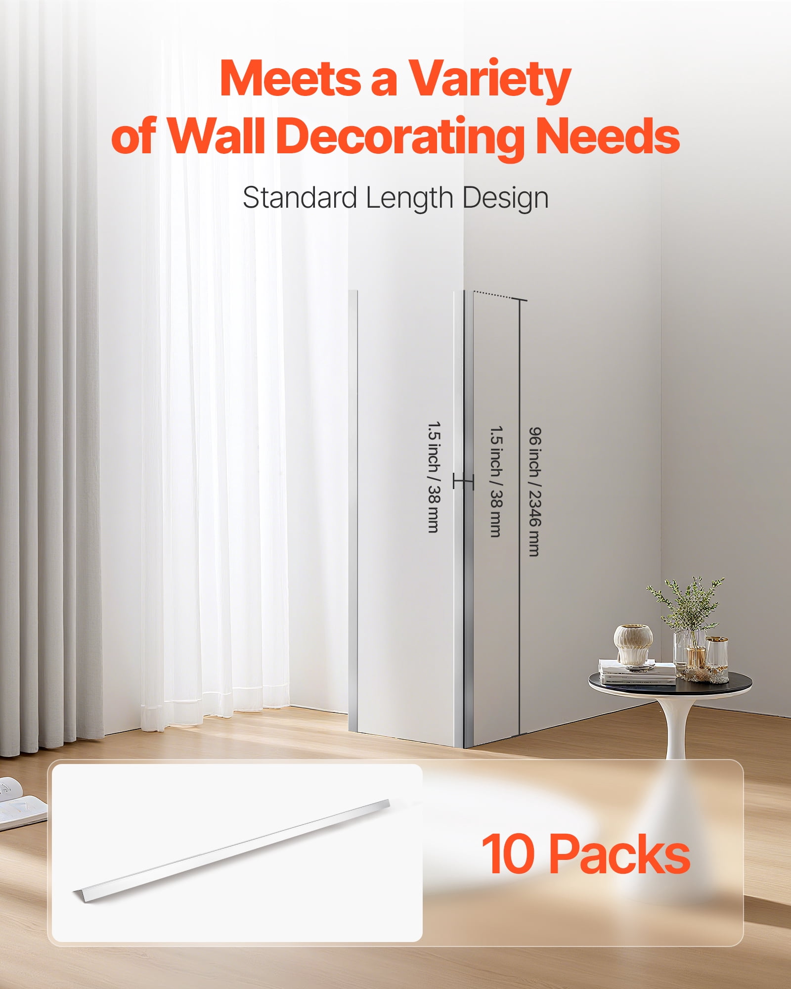 VEVOR Stainless Steel Wall Corner Protector, 1.5 x 1.5 x 96 inch, 10 Pack Metal Corner Guards, 304 Stainless Steel Edge Trim 90-Degree Angle for Home,Office,Commercial Wall Protection, with 3m Tape