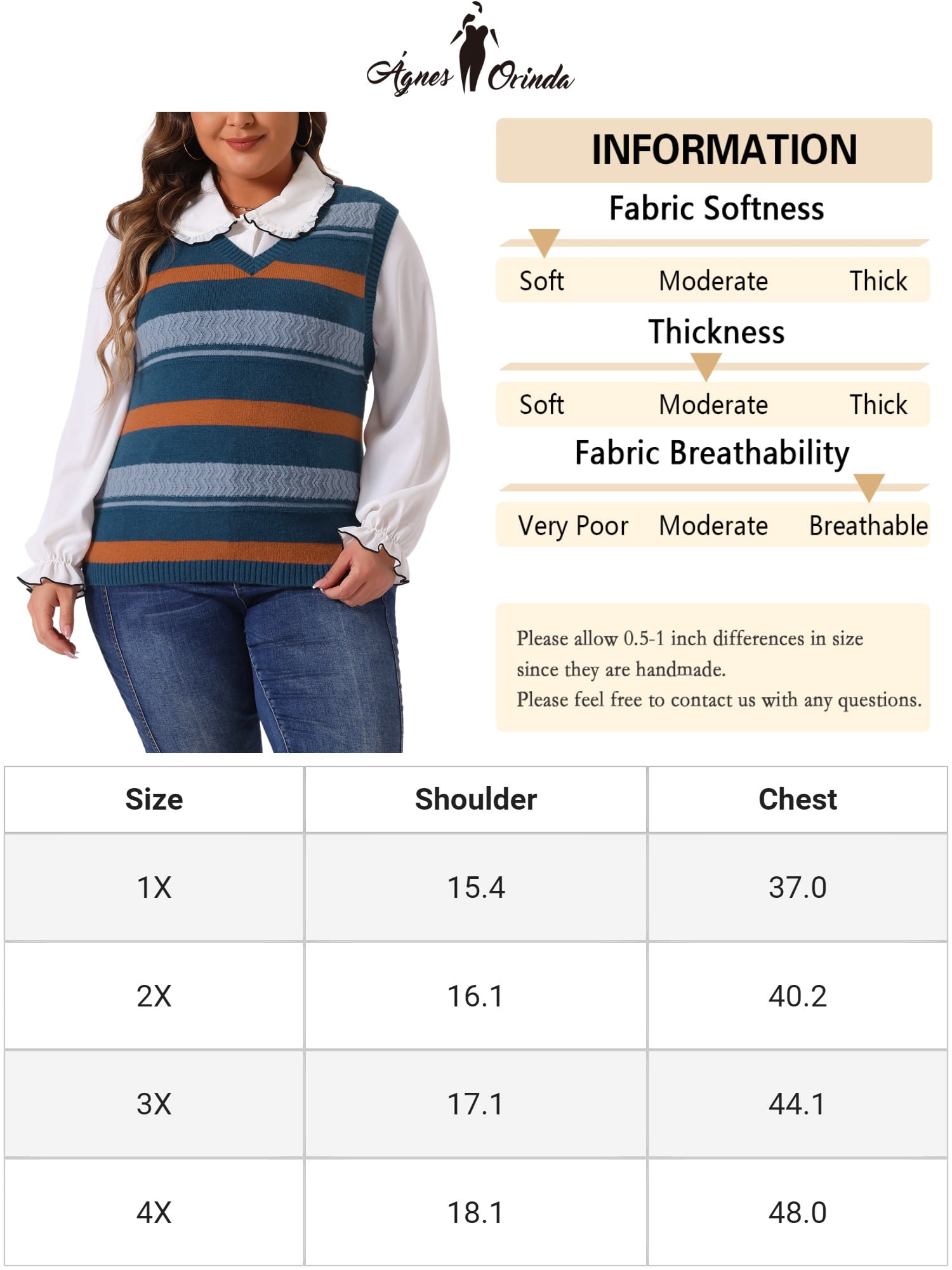 DARING DIVA Women's Plus Size V Neck Striped Knit Sweater Vests 3X Blue