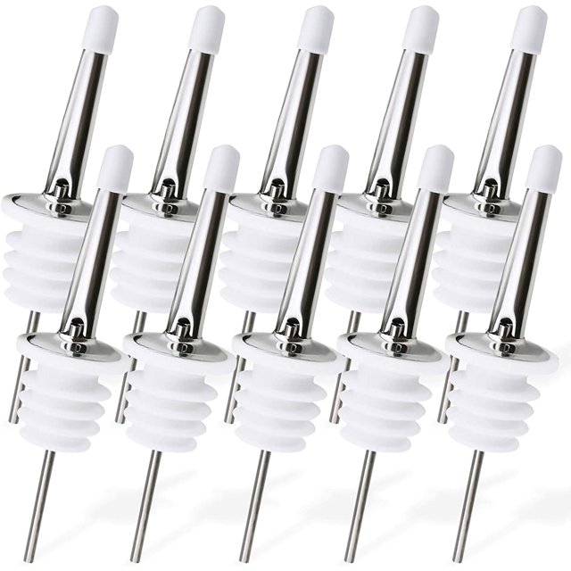 Liquor Bottle Dispenser Spouts \u2013 Classic Speed Pours for Alcohol, Olive Oil and Shave Ice Syrup \u2013 Rustproof Stainless Steel with Tapered Pouring Funnels and Dust Caps (10 Pack)