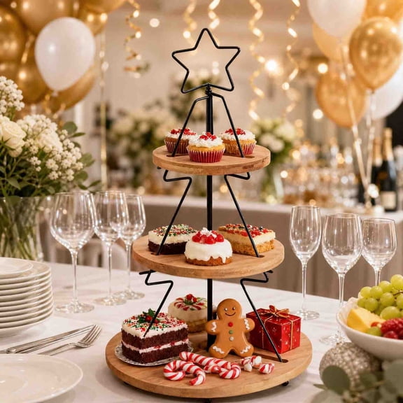 3 Tier Christmas Tree Cupcake Stand, Metal Tree Frame with Star Topper, 3 Round Wooden Tiered Trays, Detachable Dessert Display Stand, Sturdy Iron & Wood Construction, Holiday Party Table Decor