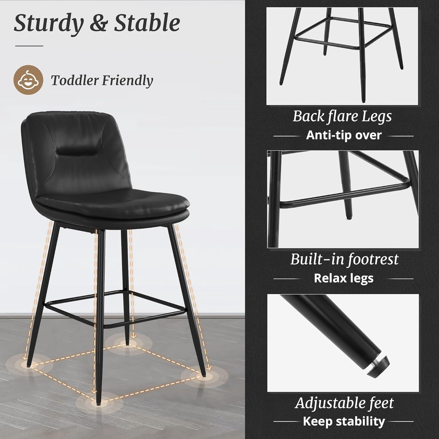 Dycanpo 24”H Bar Stools Set of 4, Double-Layer Upholstered, for Home Kitchen, Black