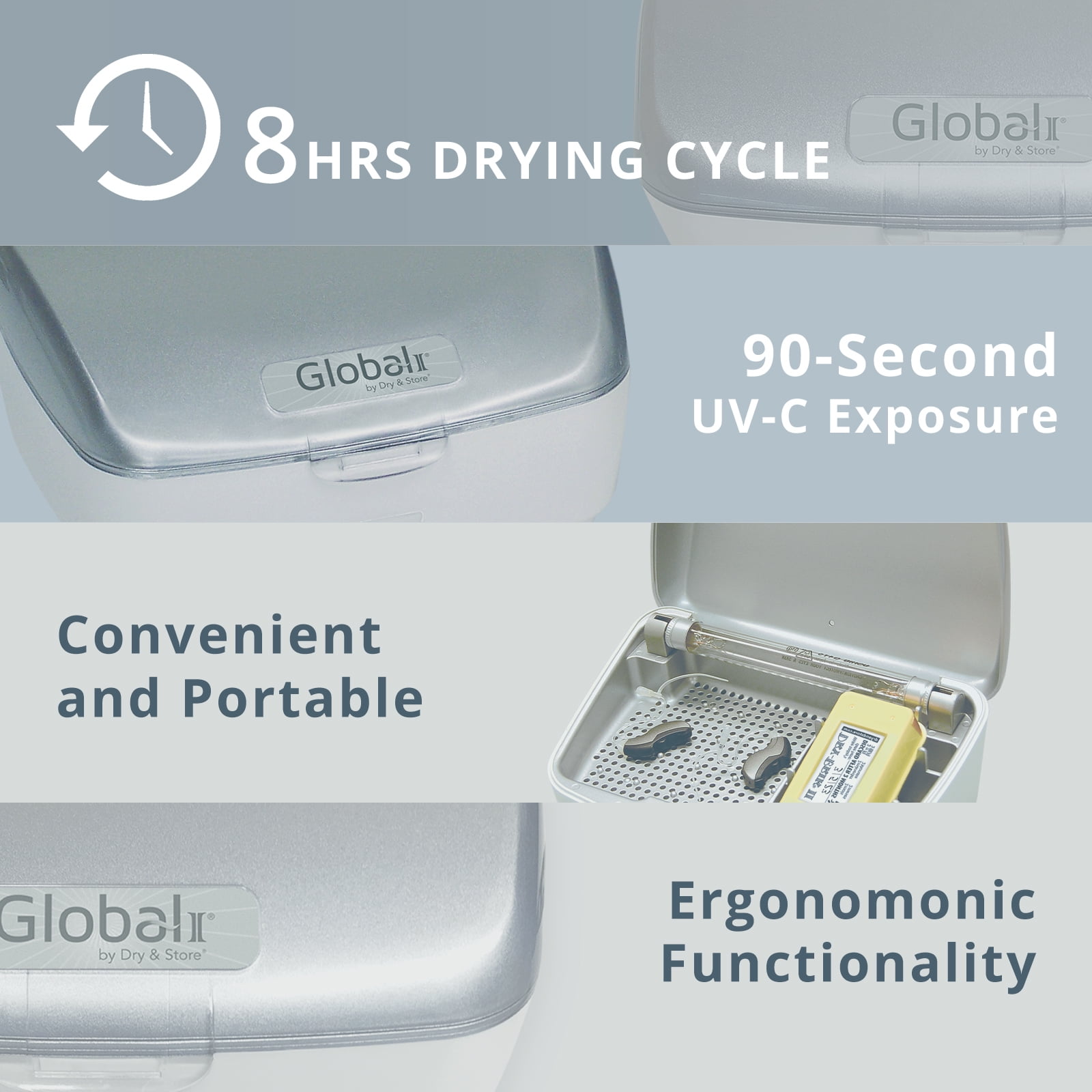 Global II by Dry & Store Electric Hearing Aid Dehumidifier with UV-C Lamp