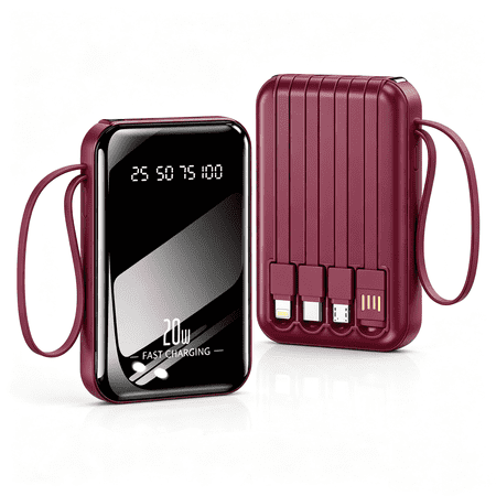 10000mAh Portable Power Bank,Built-in Cables with LED Display, Compatible for iPhone,Android Cell Phone,Rosered
