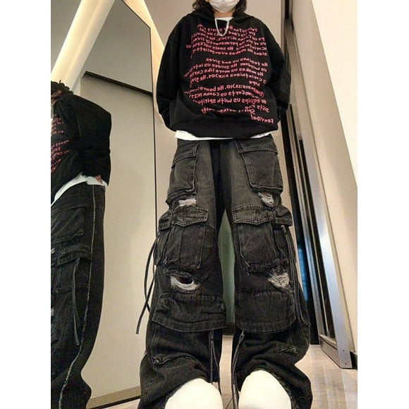 jeans Harajuku Déchirés à Multiples Poches y2k Taille Haute Vêtements pour Femmes Années 2000 hip-hop street Ajustés Droits à Jambe Grand cargo Amples FGS
