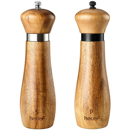 Hecef 2-Piece Acacia Wood Salt and Pepper Mill Set with Adjustable Ceramic Grinders, 8.5 Inch
