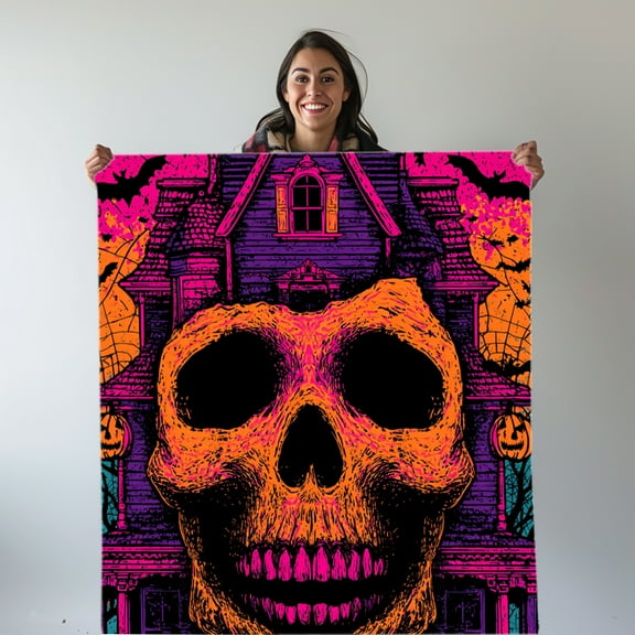 300GMS Flannel Halloween Blanket,Spooky Orange Color with Skull&Haunted House Design,Comfortable Throw for Evening Chills&Outdoor Gatherings,Thoughtful Present for Home Decor,Year Round Practical