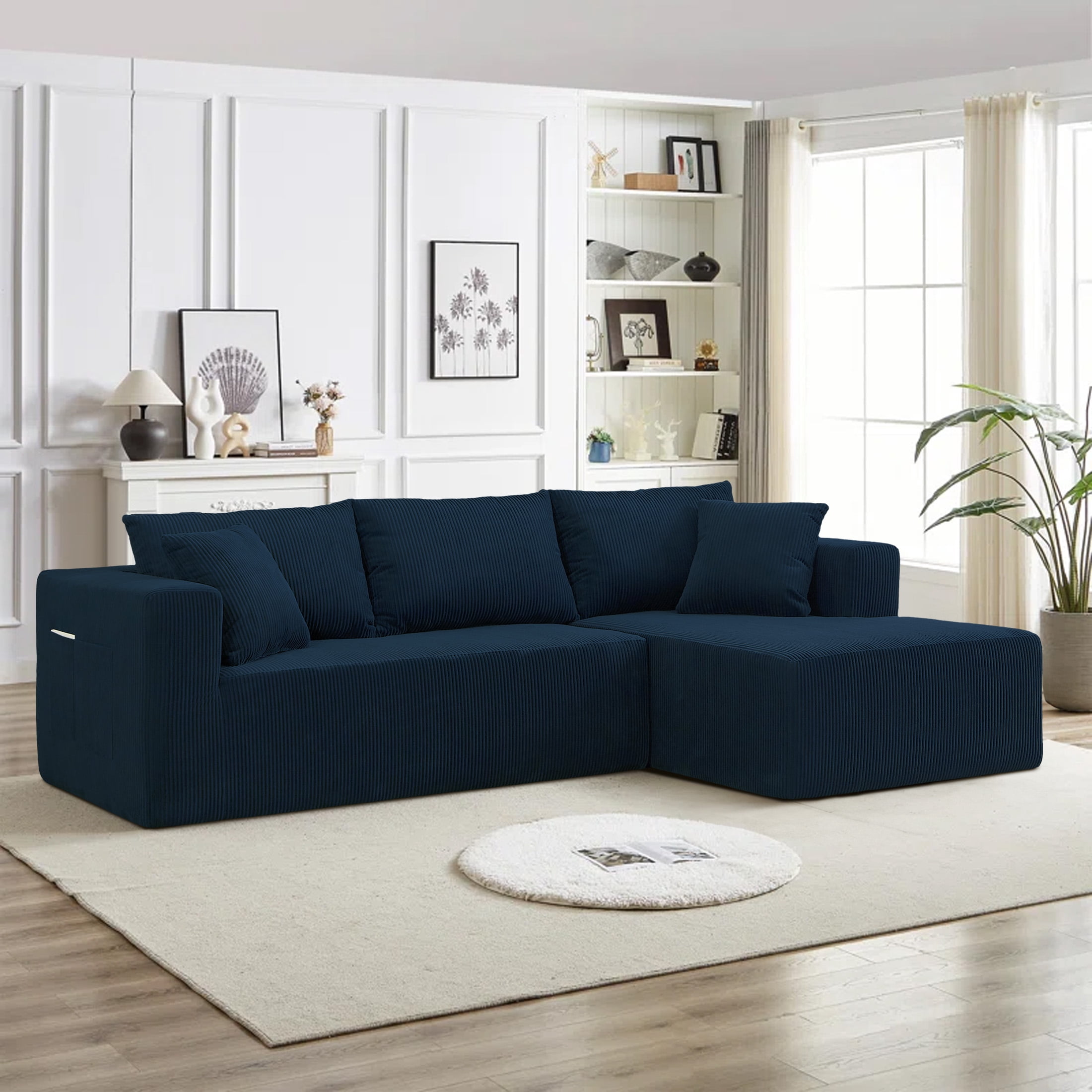 AENKYO 104'' Modular L-Shape Sectional Sofa with Chaise, Comfy Deep-Seat Cloud-Couch, Corduroy - Blue