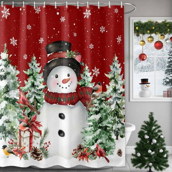 Christmas Shower Curtain Christmas Snowman Shower Curtains for Bathroom Winter Holiday Xmas Decor, Waterproof Polyester Shower Curtain Set with Hooks, Small Stall Long 36" x 72" Snowflake Pine Cone