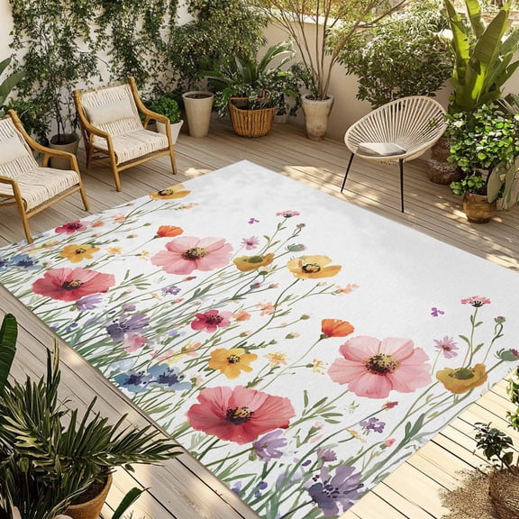 Fsddascl Colorful Flowers Outdoor Rug for Patio/Deck/Porch, Non-Slip Large Area Rug 5 x 8 Ft, Spring Botanical Watercolor Wildflowers Indoor Outdoor Rugs Washable Area Rugs, Camping Rug Carpet