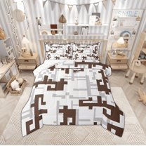 Manfei Pixel Geometric Bedding Comforter Set,Modern Abstract Geometric Twin Comforter Sets,Brown Gray White Bedding Set For Girls,Breathable Home Decor Reversible,2 Pieces