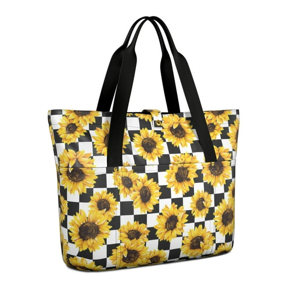 Tote Bag for Women - Checke Sunflower Shoulder Bag - Large Utility Work Duffle Bag with Zipper Handbag for Travel, Work, Sprots