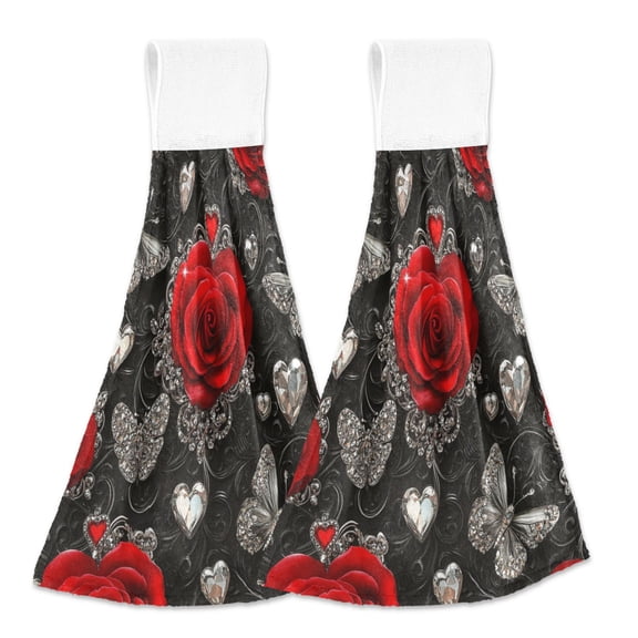 BZSMCE Hanging Hand Towels Fashion Crimson Elegance Pattern 2-Pack - Velcro Style Bathroom Kitchen Towels