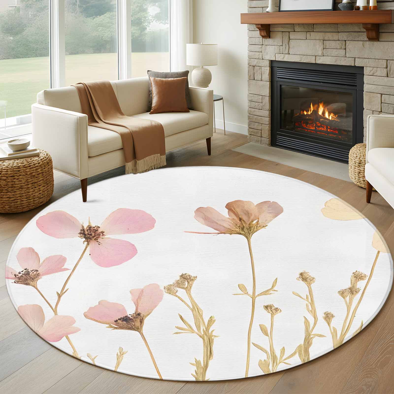 Pink Beige Flowers Round Rugs for Living Room 6ft Spring Floral Non Slip Circle Rug Washable Low-Profile Indoor Carpet for Bedroom Dining Room Bathroom