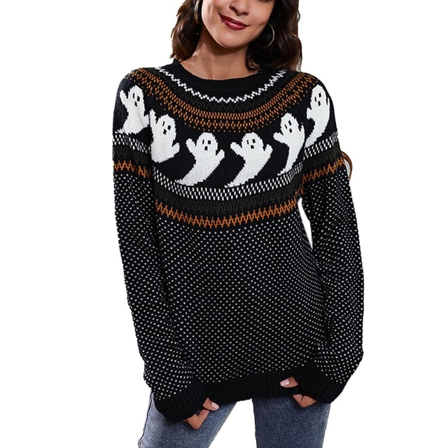 Halloween fantasma suéter Halloween retro fantasma Polka Dot impresión manga larga cuello redondo suéter de punto para mujer negro L