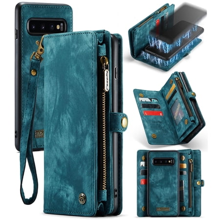 Samsung Galaxy S10 Plus Leather Detachable Wallet Zipper Case with 8 Card Slots Holder Magnetic case for Samsung Galaxy S10 Plus Flip Wallet Handle Wrist Strap Shockproof Pocket Handbag, Green