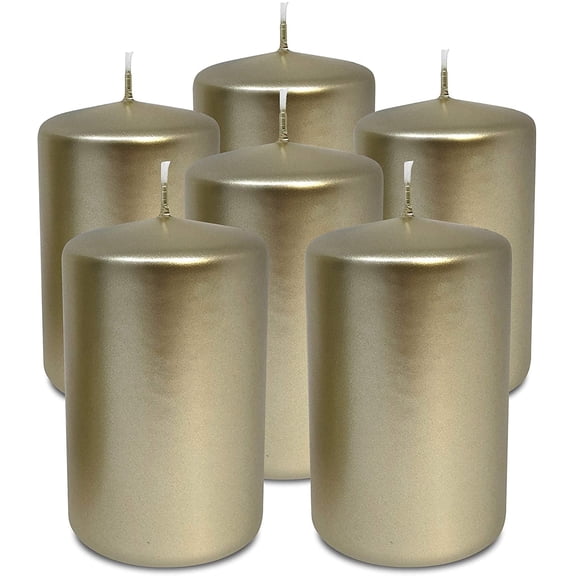 Hyoola 2.4 x 4 inch Metallic Cream Gold Unscented European Made Pillar Candles, Paraffin Wax with Cotton Wicks, 6-Pack
