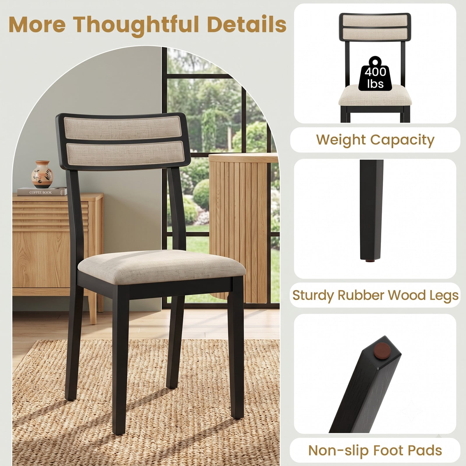 Furnibear Modern Dining Chairs Set of 2, Upholstered Linen-Feel Fabric Kitchen Chairs with Tilt Backrest and Solid Rubber Wood Legs, Padded Accent Side Chairs, Black