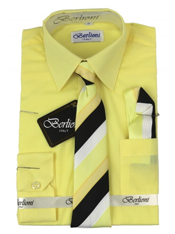 Berlioni Italy Kids Boys Dress Shirt with Tie /& Hanky Long Sleeves Lime