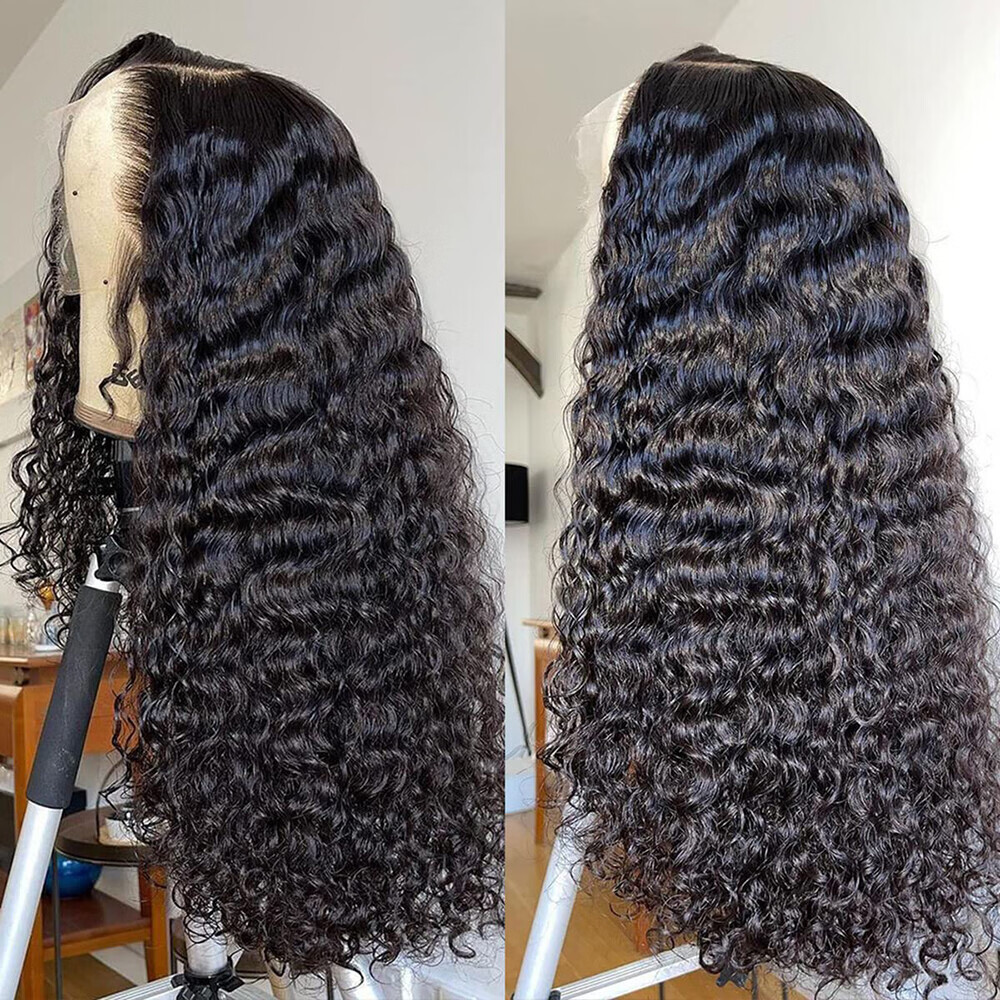 SUCS Deep Wave Lace Front Wigs Human Hair 13x4 HD Lace Frontal Wigs 180% Density Glueless Pre Plucked with Baby Hair Deep Wave Wig for Women Brazilian Human Hair Natural Color 18 inch