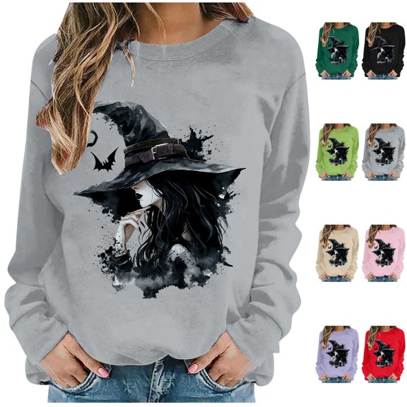 NSLGXD Womens Halloween Sweatshirts Plus Size Witch Graphic Pullovers Trendy Work Round Neck Long Sleeve Shirt Tops Halloween Costumes S-2XL