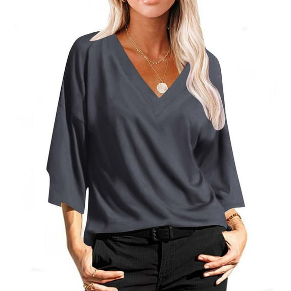 Wycnly Summer Tops for Women Workout Tops for Women Breathable Comfy Loose Pullover Top Cute Solid Tee Shirts Girls V-Neck 3/4 Sleeve Blouses