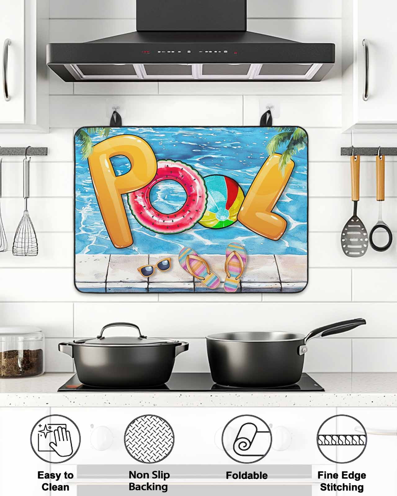Stove Top Covers for Electric Stove, Blue Summer Pool Glass Stovetop Cover Protector, Watermelon Swimming Ring Slippers Induction Cooktop Protector Oven Mat for Kitchen Countertop 24"x21"