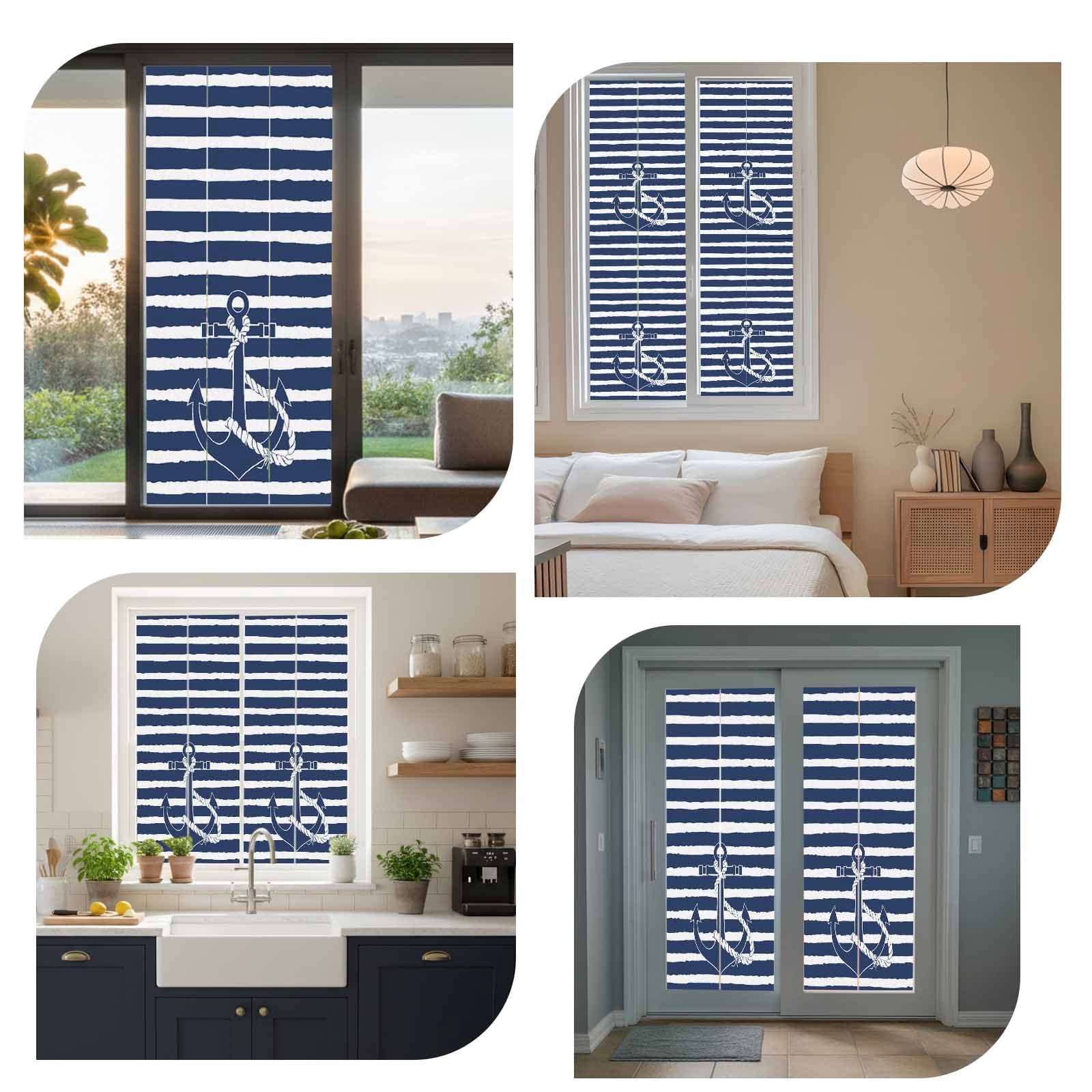 Nautical Window Privacy Film Navy Blue and White Striped Retro Anchor Decorative Glass Window Film UV Blocking Static Cling Non-Adhesive Sticker Covering for Home Door 35.4x78.7 inches