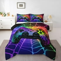 Manfei 3D Gamepad Bedding Comforter Set for Teens, Neon Purple Spider Web Twin Comforter Sets, Modern Video Game Reversible Bedding Set, Super Cozy Room Decor, 2-Piece