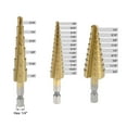thumbnail image 2 of Titanium Step Drill Bits 1/4-3/4” 1/8-1/2” 3/16-1/2” 2 Flutes Hex Shank for Metal Wood Plastic High Speed Steel 1 Set, 2 of 3