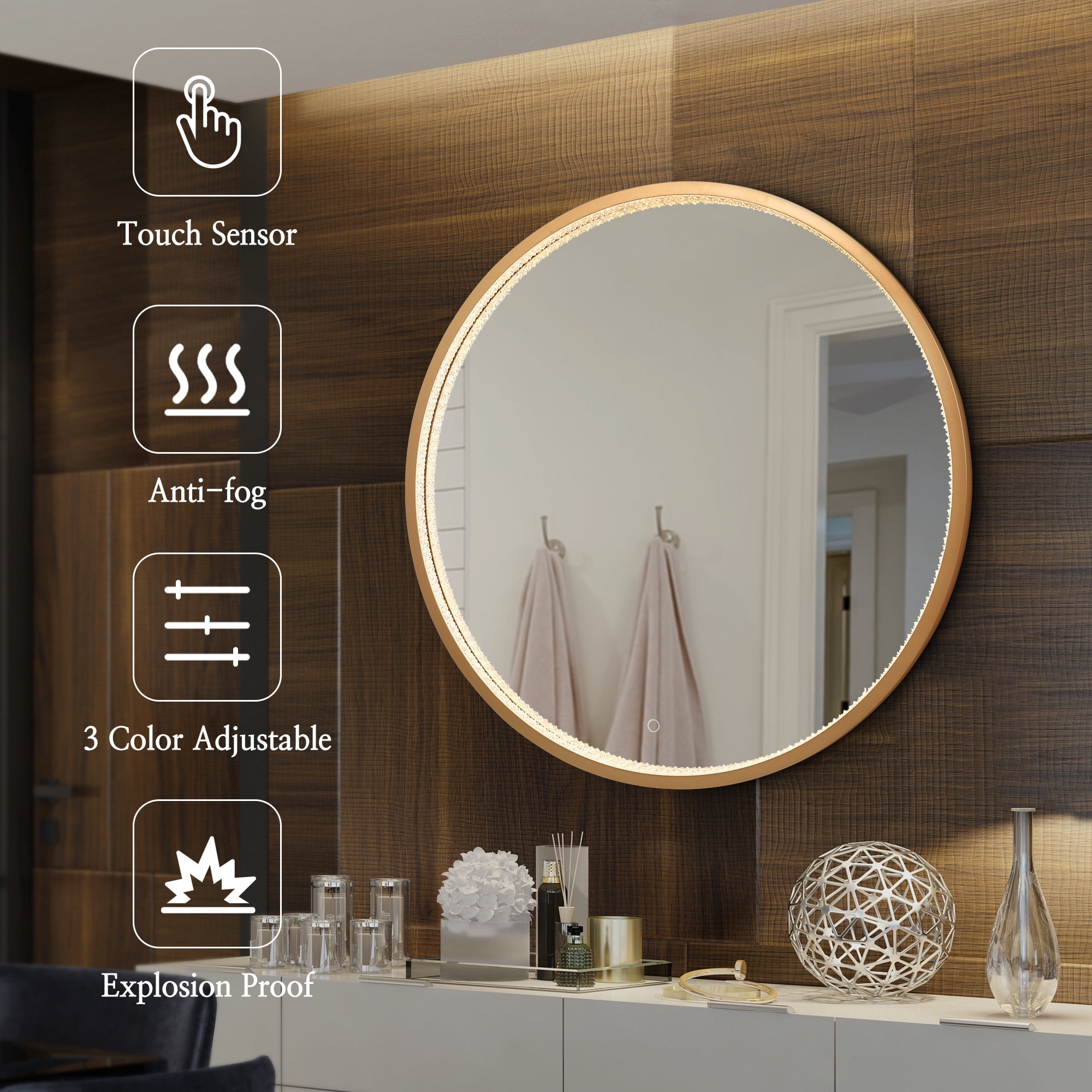 36-in W x 36-in H Round Dark Champagne Gold Framed Full Length Lighted Vanity Mirror