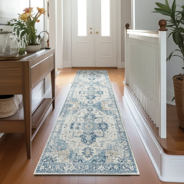 RUGKING Vintage Runner Rug 2x7 Blue Foldable Medallion Runnner Distressed Non Slip Indoor Thin Rug for Entryway Hallway Bathroom Kitchen Bedroom