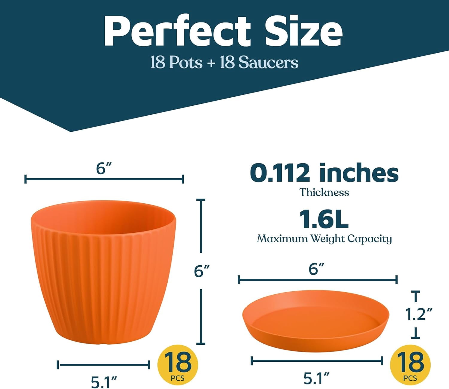 Yellow 6-Inch Plant Pots with Drainage & Saucers 18 Pack, Indoor & Outdoor Planters for Houseplants, Herbs, and Flowers, Durable & Weatherproof Material, Stackable, Lightweight, Minimalist Design