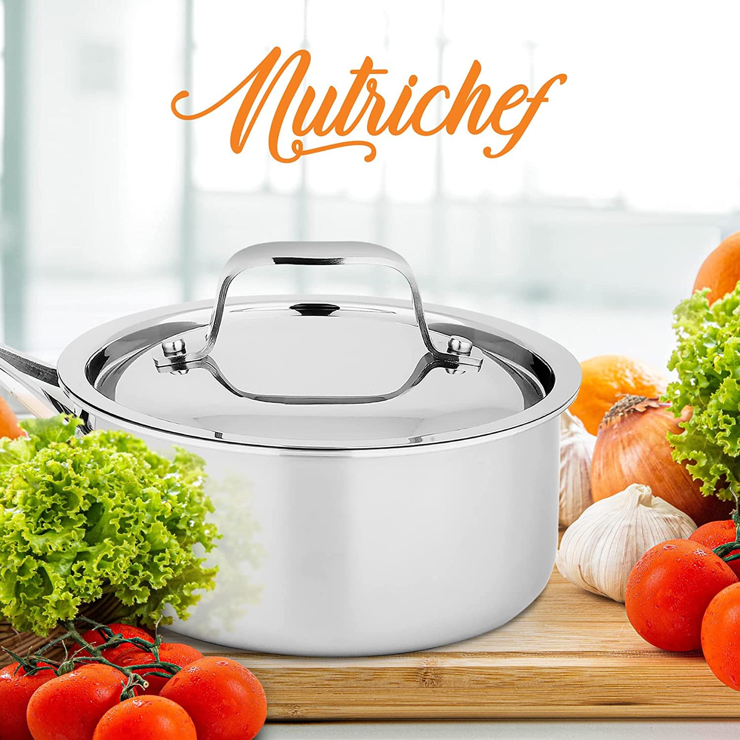 NutriChef  Sturdy and Durable Stain-Resistant 1.5 Quart Kitchen Cookware Saucepot Lid w/ Handle