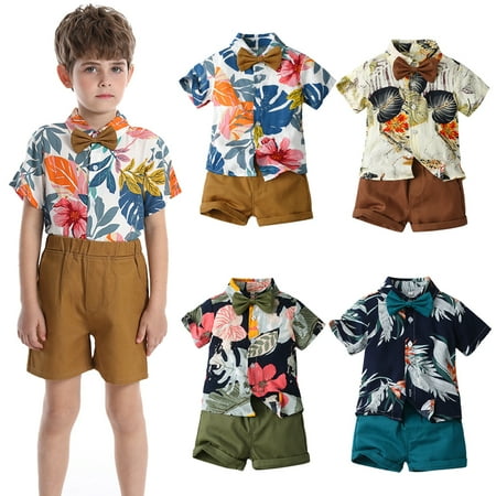 

KYAIGUO Kids Boys Beach Style 2 Piece Outfits Toddler Hawaiian Short Sleeve Button down Flower Shirt and Shorts Summer Holiday Boys Set 6M-6Y