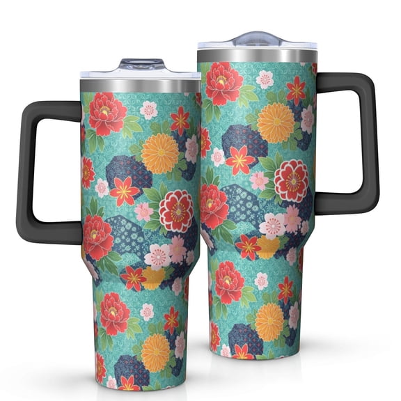 40oz Pioneer Flower Floral Print Pattern Insulated Tumbler with Handle, BPA-Free Leak Proof Lid and Straws, Double Wall Vacuum, Hot 12h/Cold 34h