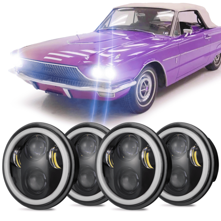 For 1958-1976 Ford Thunderbird 4pcs 5.75" 5-3/4" Black LED Headlights Hi Lo Beam