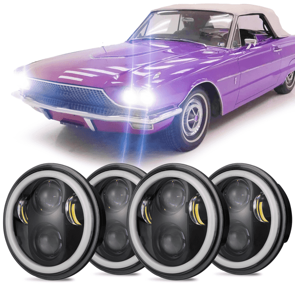 For 1958-1976 Ford Thunderbird 4pcs 5.75" 5-3/4" Black LED Headlights Hi Lo Beam