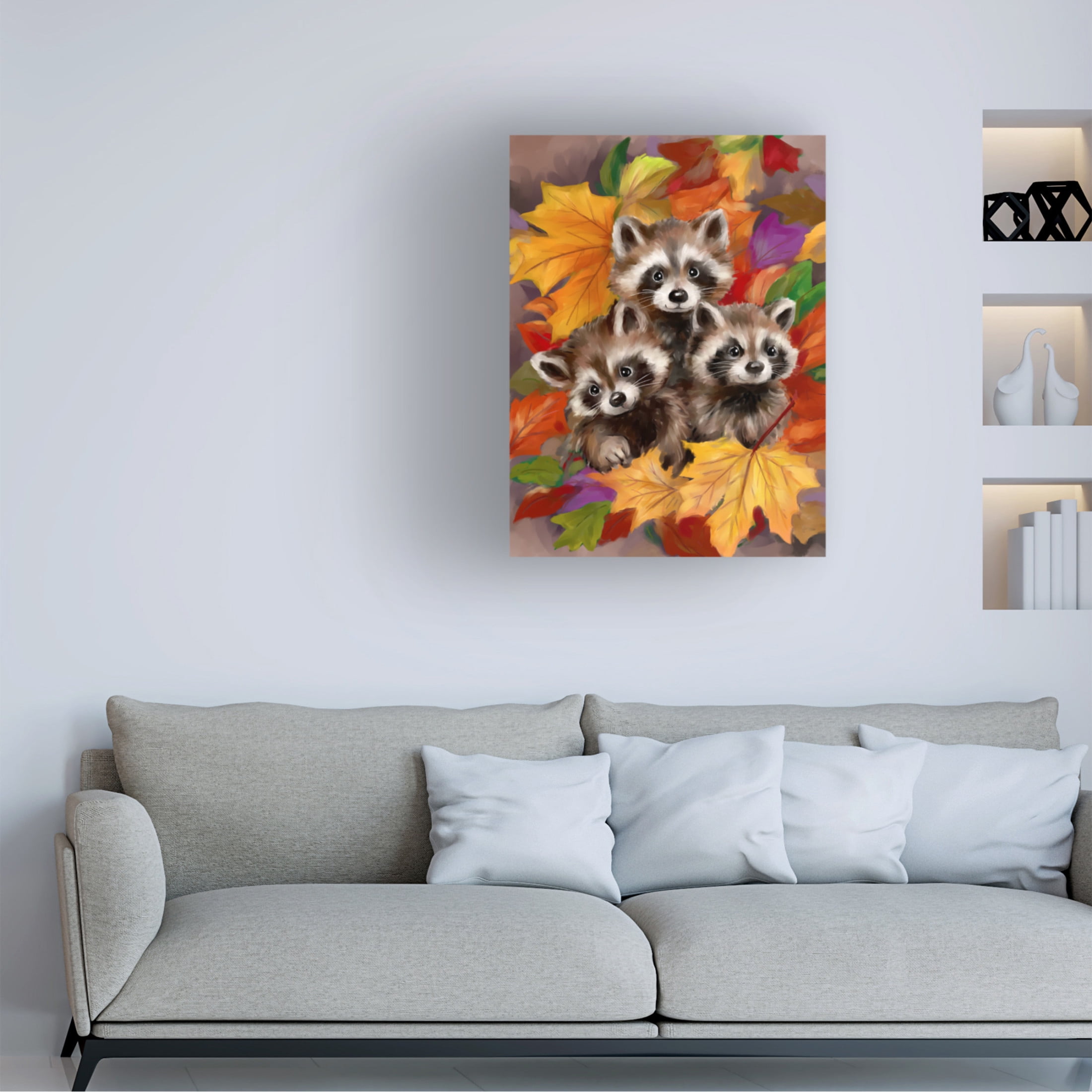 Canvas Wall Art - MAKIKO 'Three Raccoons in Autumn' Wall Art for Living Room, Bedroom, or Office Décor by Trademark Fine Art - 35 x 47 Inches