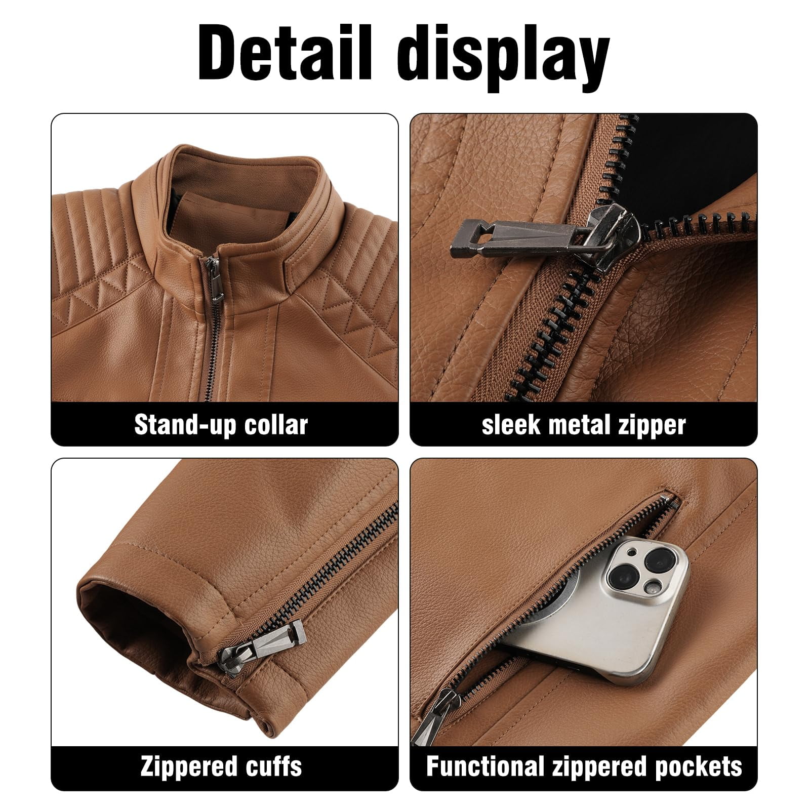 LEDUNTINO Men's Leather Jacket, Stand Collar PU Faux Leather, Zip-Up Motorcycle Bomber Jacket, Slim Fit Biker Coat