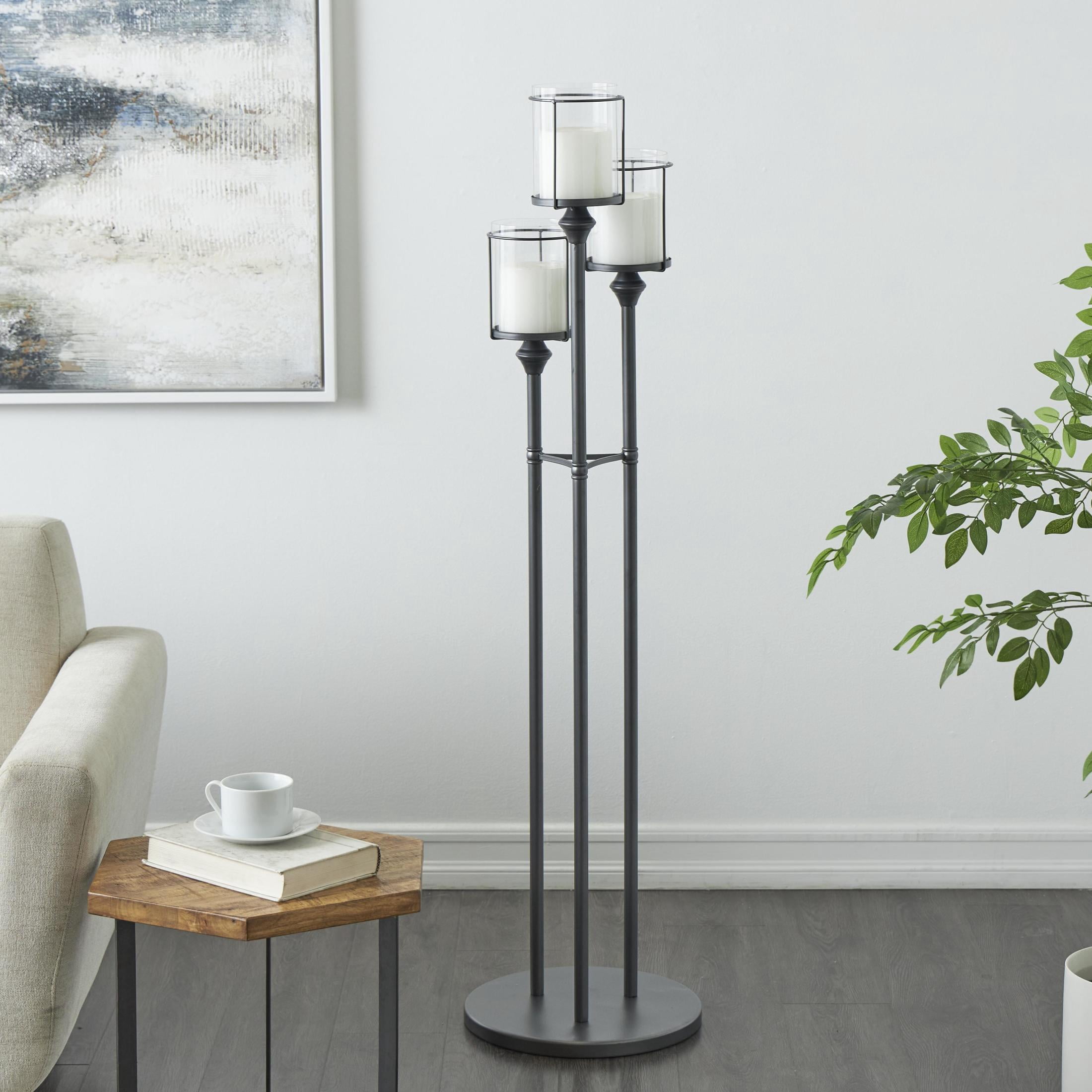 DecMode 3-Slot Black Metal Tall Floor Hurricane Lamp with 3 Posts and Round Base