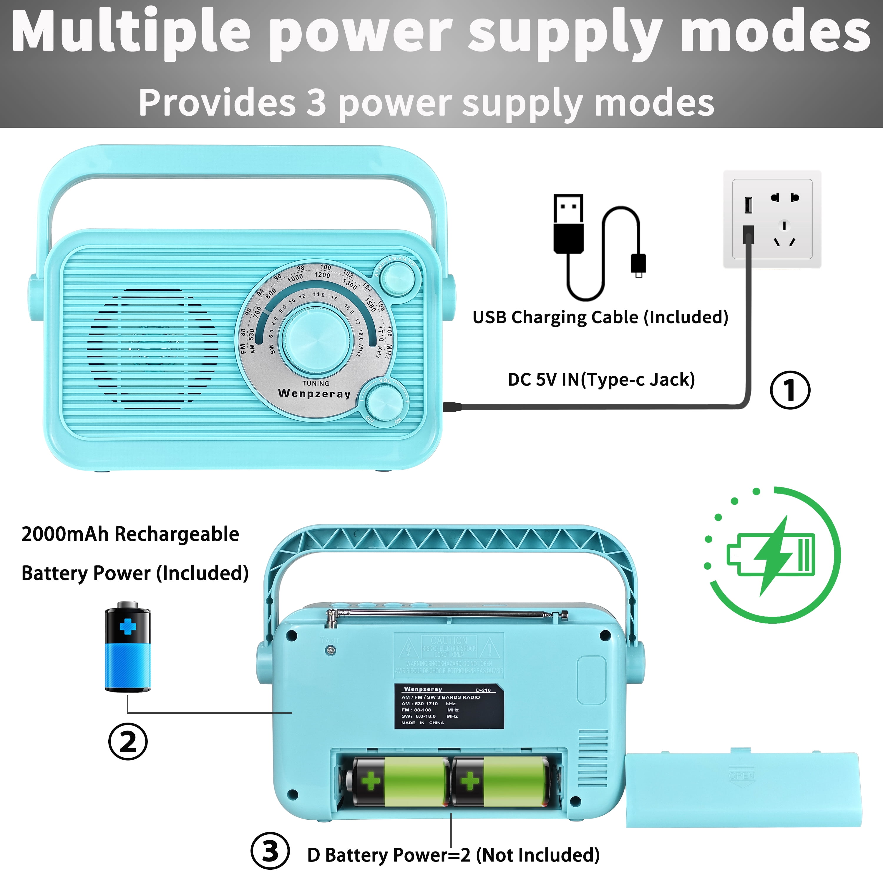 Camping Emergency AM FM Shortwave Radio, DSP Chip Bluetooth Speaker, Type-C Charging Retro Portable Radio Wenpzeray D218 (Blue)