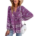 thumbnail image 1 of Camisas bohemias informales para mujer, estampado floral, con botones, cuello en V, manga larga, con cordón, blusas sueltas y fluidas, color morado M, 1 of 6