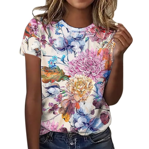 Summer Womens T Shirts Short Sleeve Crew Neck Flower Printed Casual Loose Tee Top Blue L