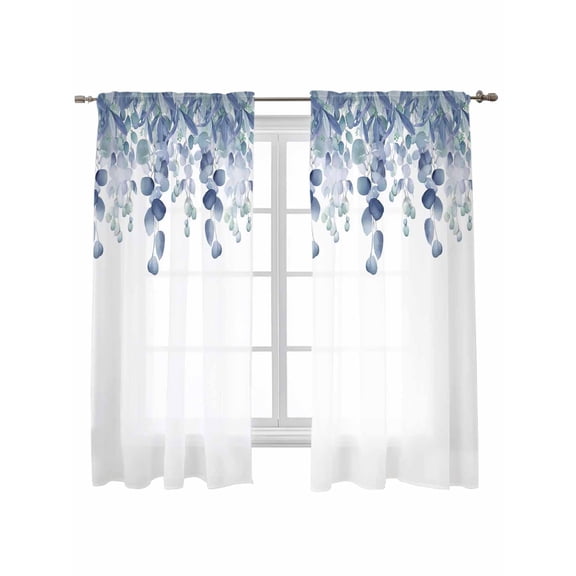 Blue Teal Botanical Curtains 72 Inch Length, Sheer Curtains for Bedroom Living Room Window Eucalyptus Leaves Pastoral Floral Rod Pocket Drapes Kitchen Curtains Small Half Window 52"x72" 2 Panels