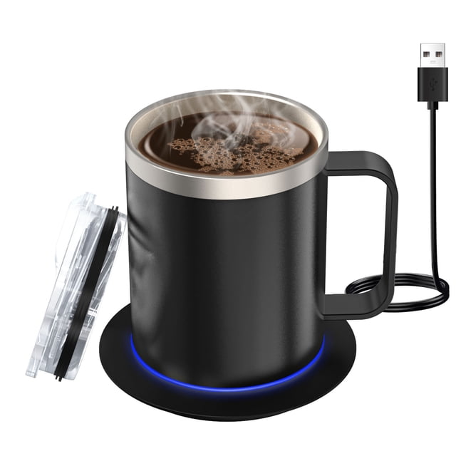 Juego Calentador Eléctrico de Tazas de Café | Taza de Acero Inoxidable con Base de Calentamiento y Tapa, Inteligente para Calentar Leche,