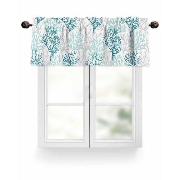 Turquoise Gray Coral Pattern Kitchen Valances for Windows Tropical Ocean Summer Valance Curtains  for Kitchen /Living Room/Bedroom/ Bathroom Decor, 42"x12 " ,Rod Pocket 1 Panel,