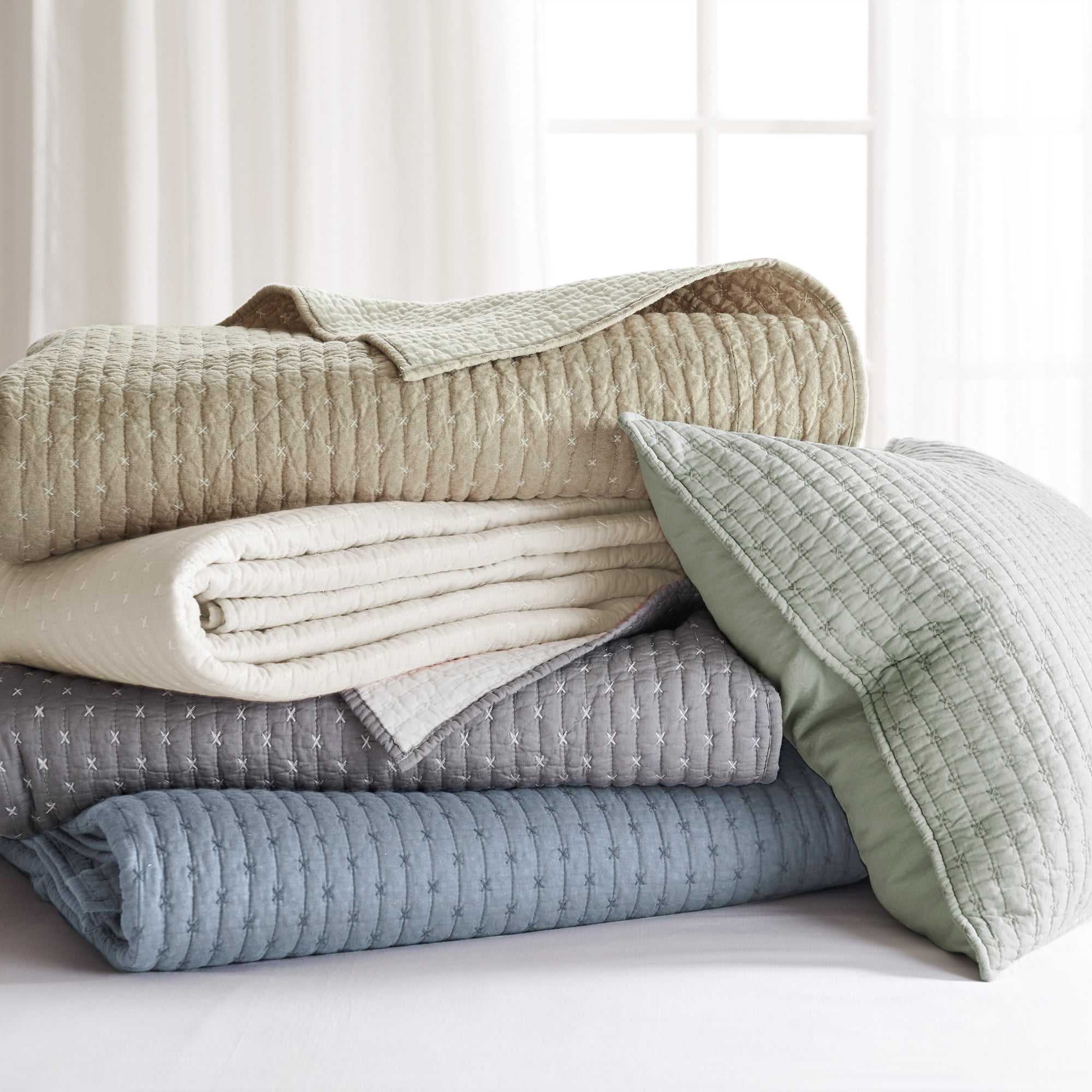 Levtex Home - Cross Stitch Chambray Quilt Set - King Quilt + Two King Pillow Shams - Cross Stitched Pattern - Quilt Size (106x92in.) and Pillow Sham Size (36x20in. ) - Reversible - Cotton Fabric