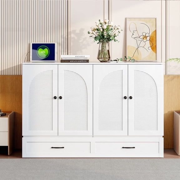 White Full Size Murphy Bed Featuring Large Drawers and Elegant Rattan Finish