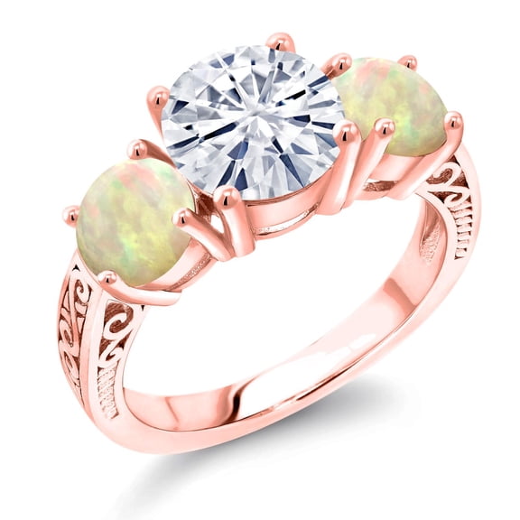 Gem Stone King 18K Rose Gold Plated Silver White Moissanite and White Ethiopian Opal Engagement Ring for Women | 3.02 Cttw | Round 8MM | Gemstone Birthstone | Size 7